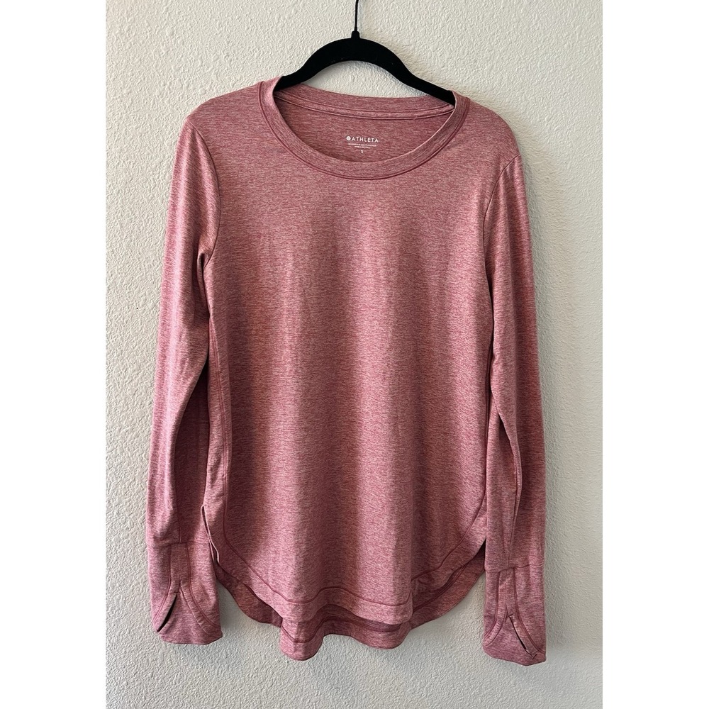 Athleta Women's Top Size Small Dusty Pink Long Sleeve Thumbholes Curve Hem Yoga